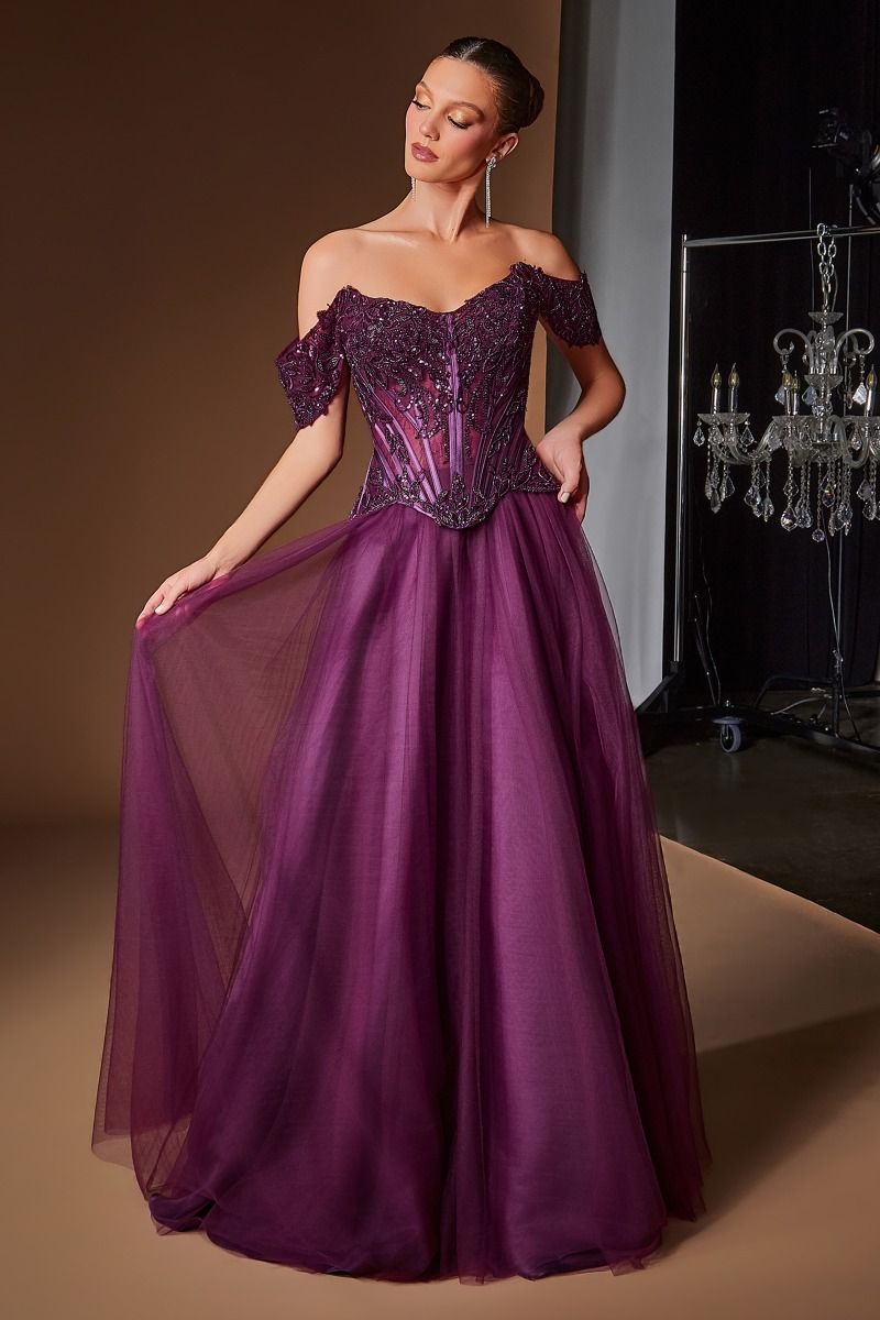 Ladivine CD657 Off-Shoulder Embellished Corset A-Line Ball Gown with Lace-Up Back