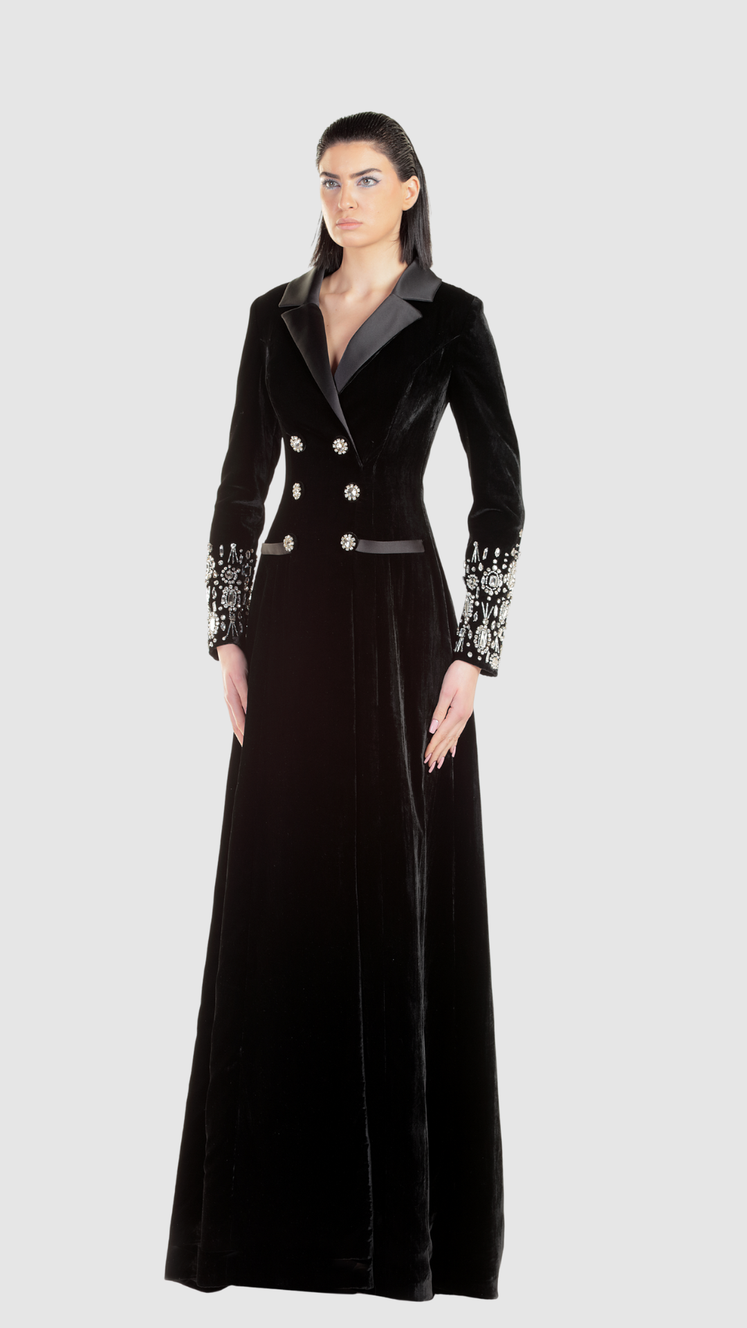 Edward Arsouni 1151 double-breasted long sleeve evening dress front view