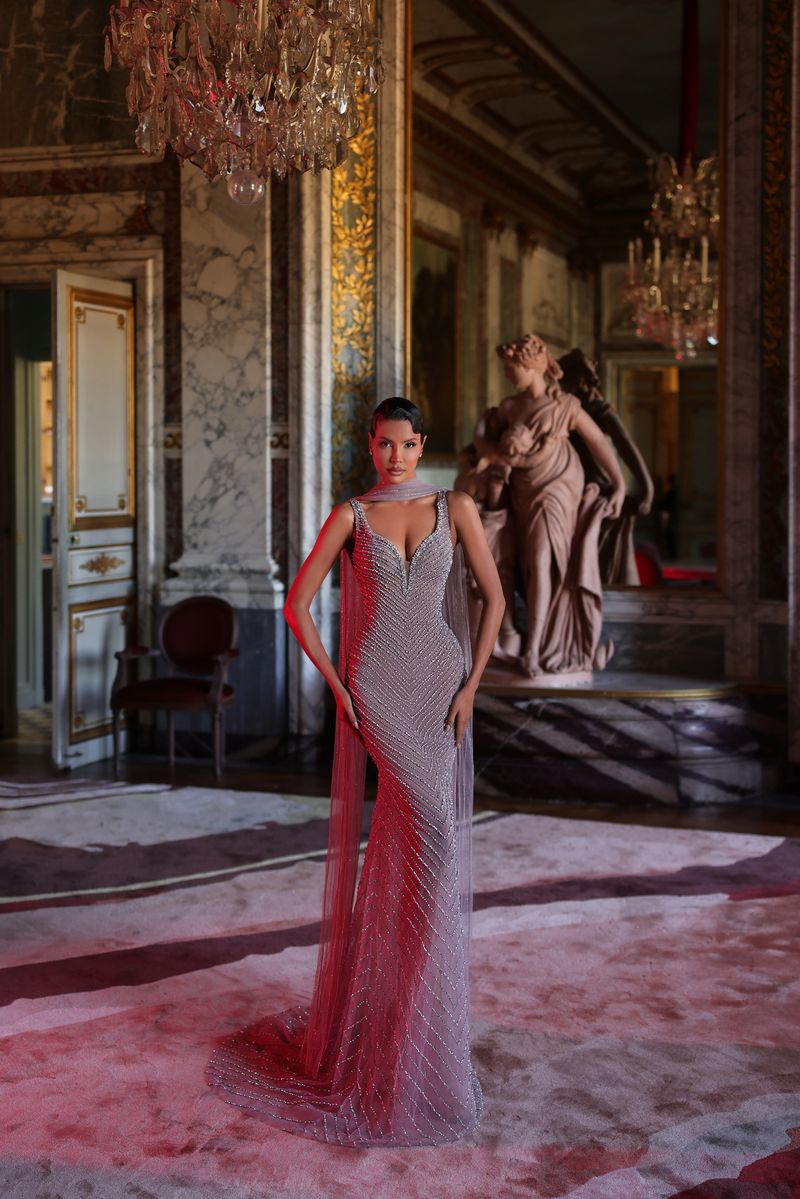 Chic & Holland HF110643 Plunging V Neck Fully Beaded Sheath Matching Shoulder Cape Couture Dress