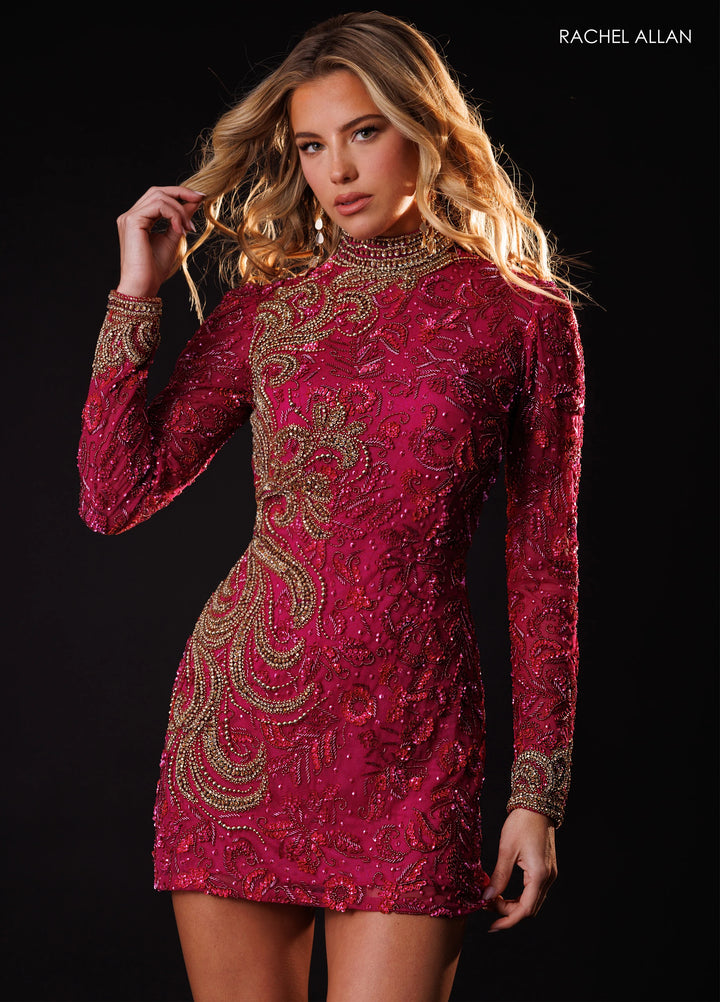 Rachel Allan 40692 High Neck Long Sleeve Open-Back Beaded Embroidered Dress