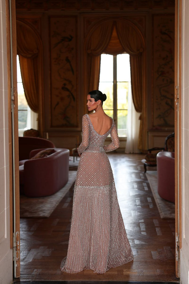 Chic & Holland HF110611 Square Neckline Long Sleeves Diamond Grid Linear Beaded A Line Couture Dress