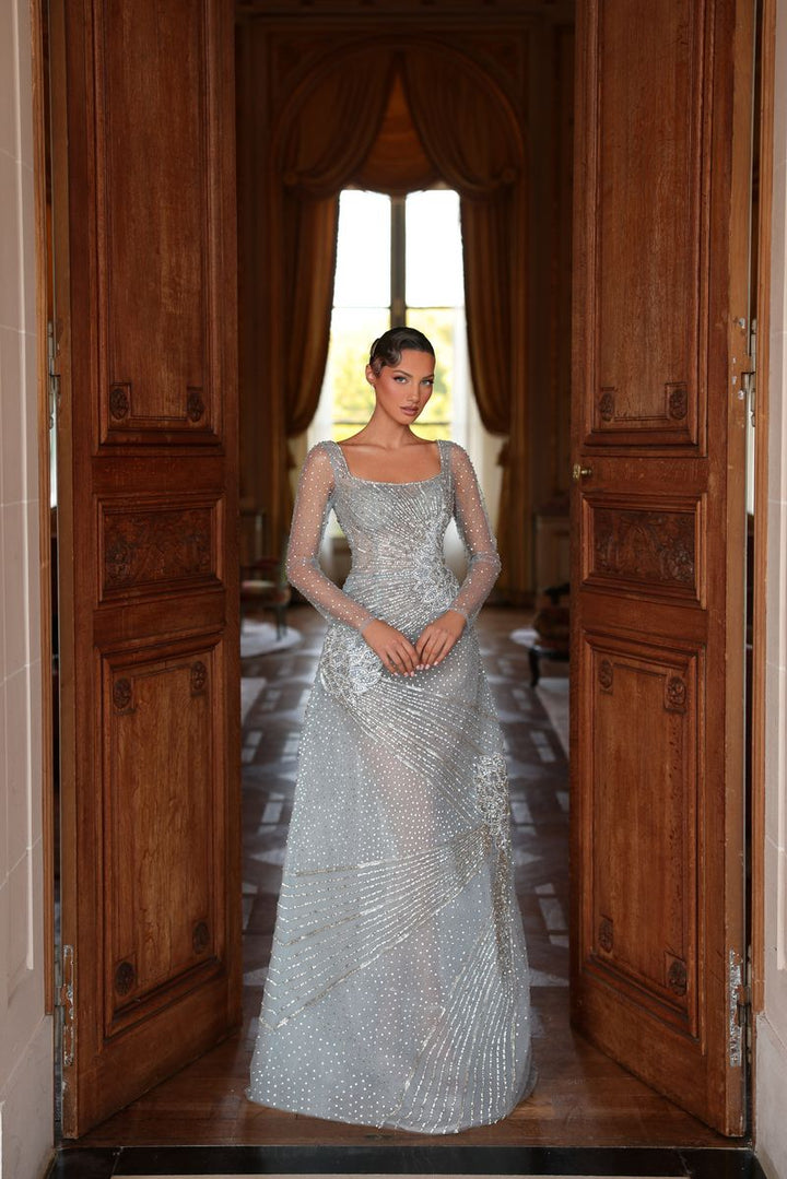 Chic & Holland HF110602 Square Neckline Long Sleeves Fully Beaded Geometric Pattern Couture Dress