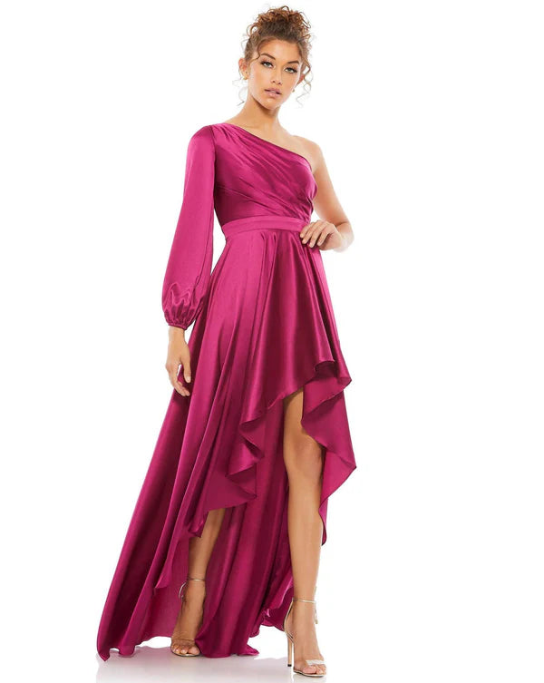 Mac Duggal 49141 Dark Blue Long Sleeve One Shoulder Satin High Low A-line Gown
