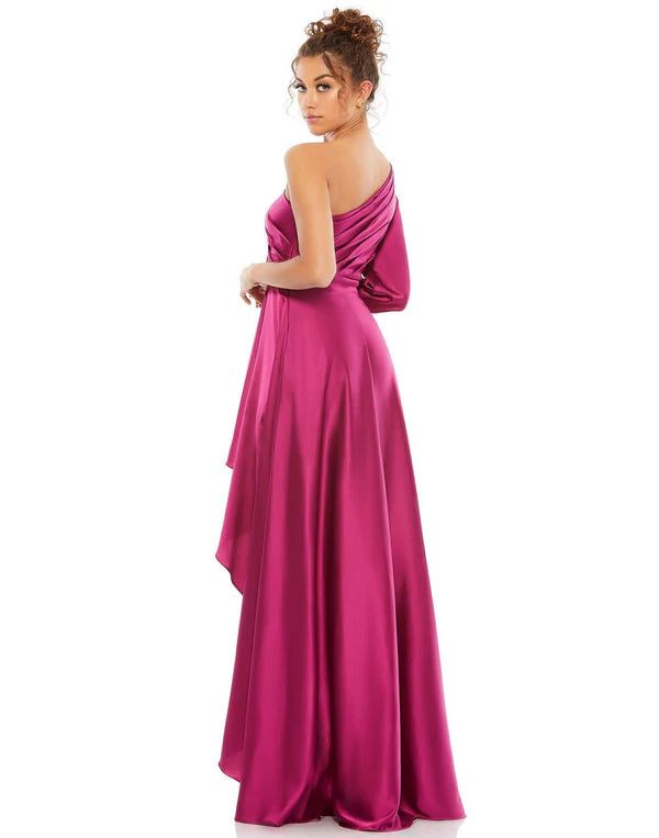 Mac Duggal 49141 Dark Blue Long Sleeve One Shoulder Satin High Low A-line Gown