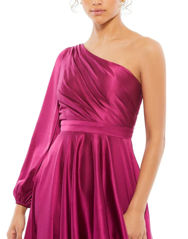 Mac Duggal 49141 Long Sleeve One Shoulder Satin High Low A-line Gown