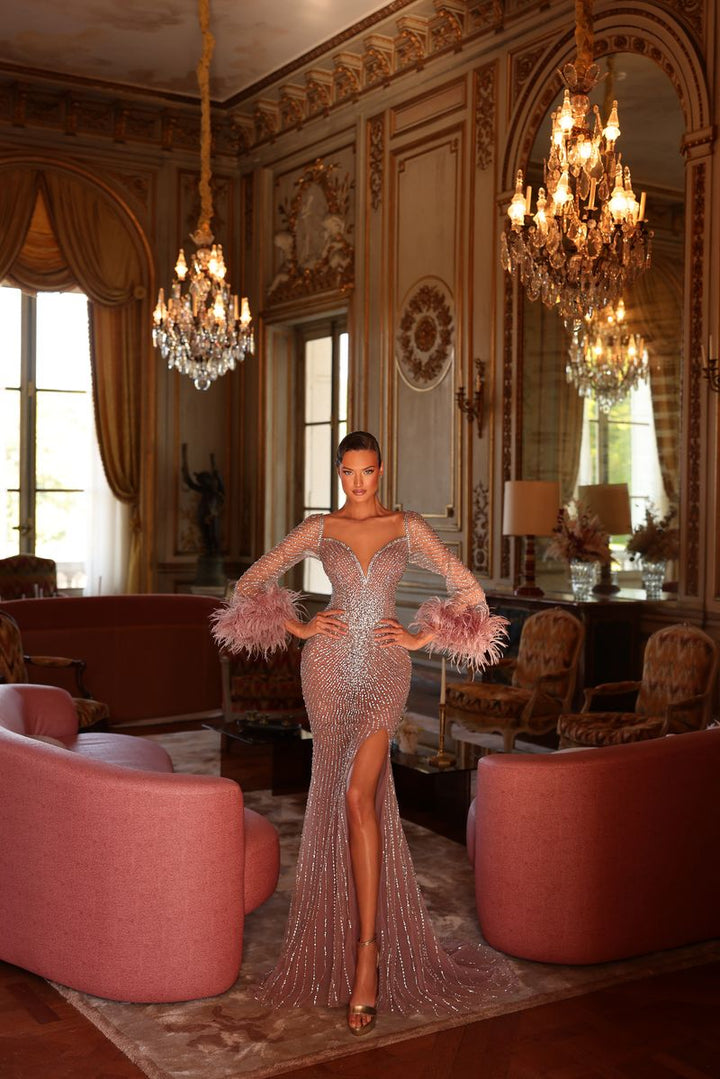 Chic & Holland HF110632 Plunging V Neck Long Sleeves Feather Cuffs Linear Beaded High Slit Couture Dress
