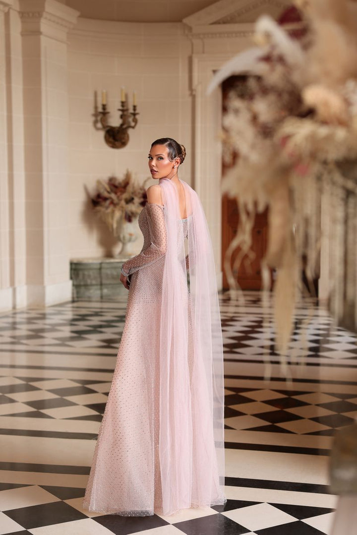 Chic & Holland HF110613 Off Shoulder Long Sleeves Fully Beaded Corset Bodice A Line Matching Scarf Couture Dress
