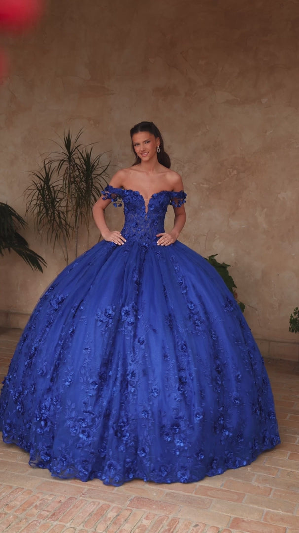 Amarra 54125 Off Shoulder 3D Floral Quinceañera Ball Gown
