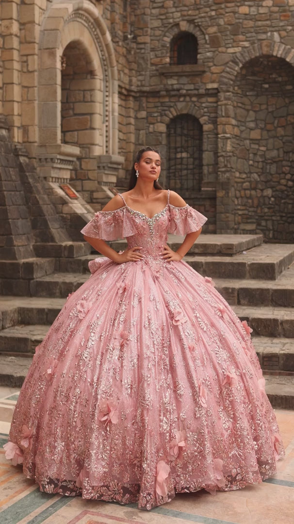 Amarra 54229 Ruffle Sleeve Glitter Quinceañera Ball Gown