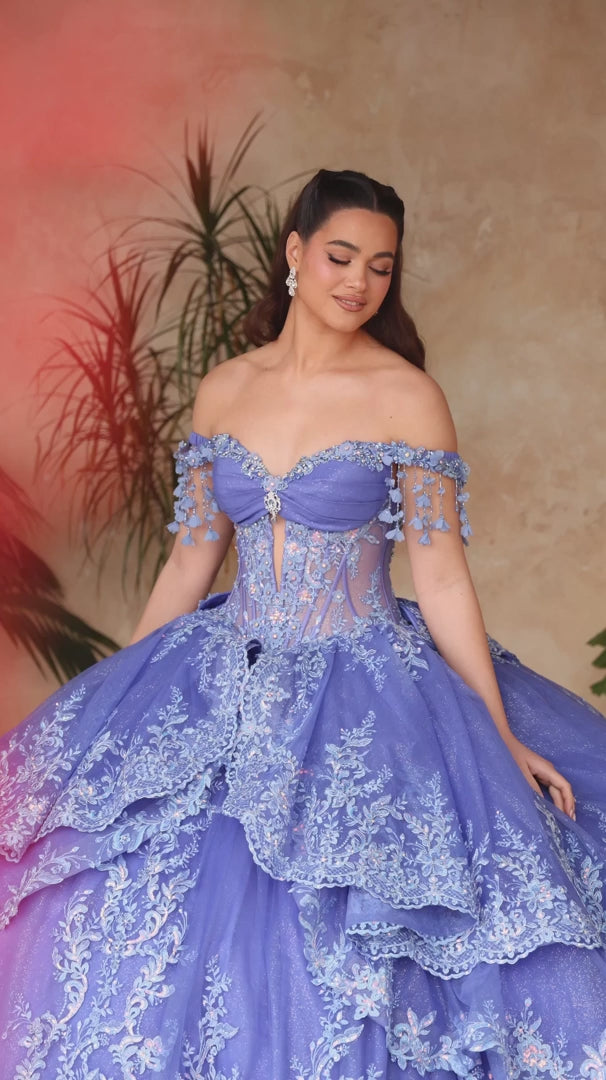 Amarra 54105 Beaded Fringe Sleeve Quinceañera Ball Gown