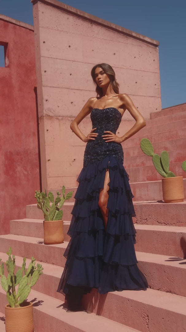 Amarra 89631 Beaded Lace Corset Mermaid Gown with Tiered Ruffle Skirt