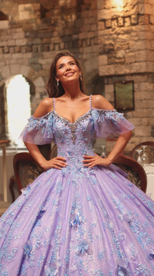 Amarra 54229 Ruffle Sleeve Glitter Quinceañera Ball Gown