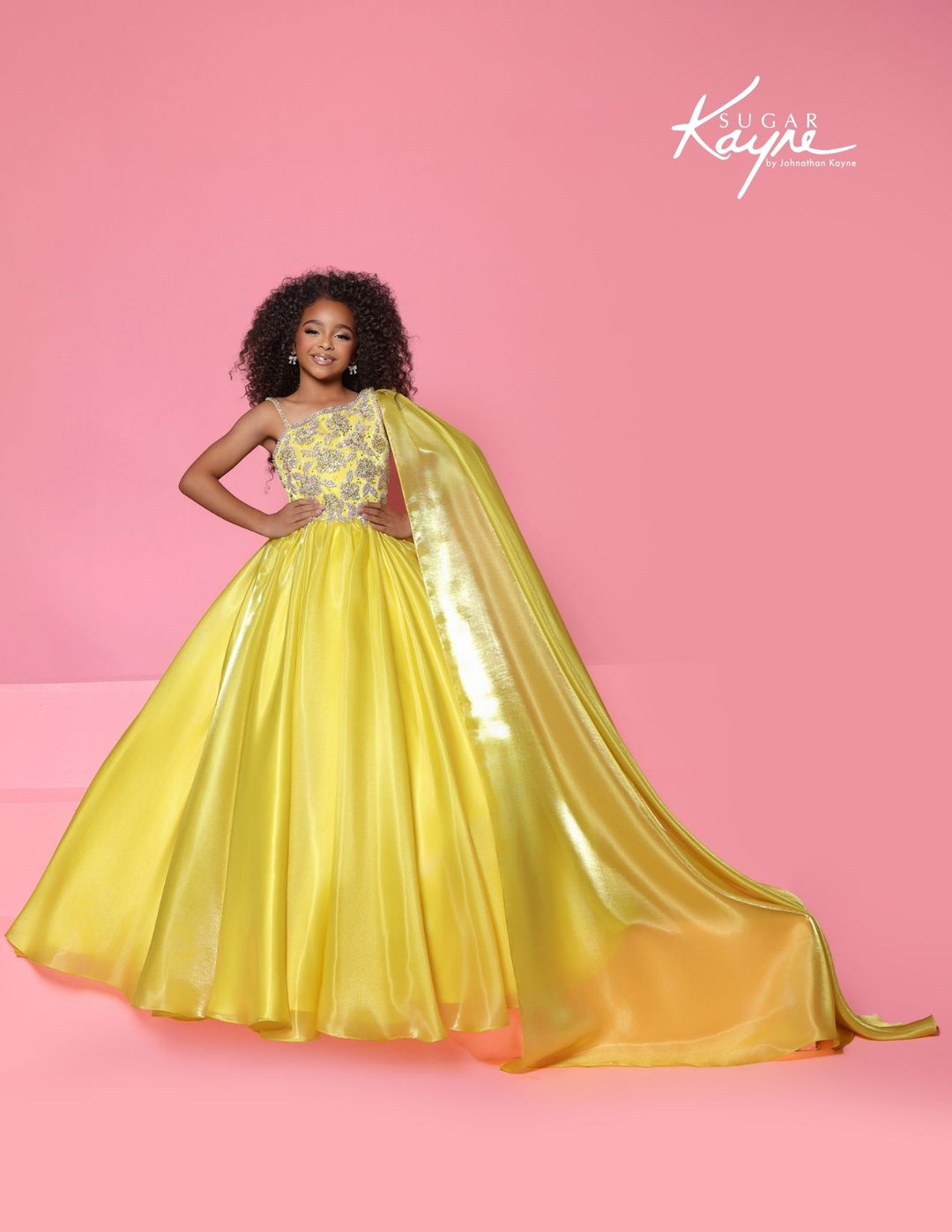 Sugar Kayne C417 one-shoulder cape girls ball gown alternate color front view 3