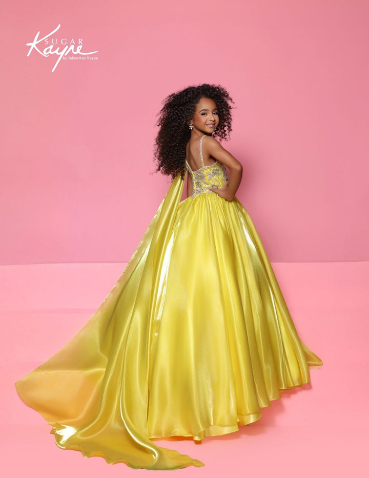 Sugar Kayne C417 one-shoulder cape girls ball gown back view 2