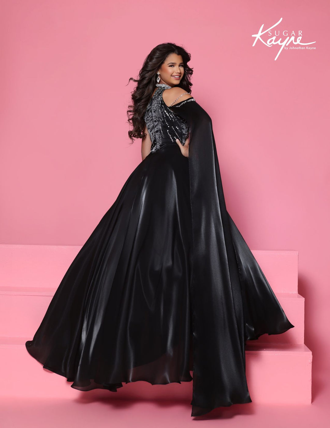 Sugar Kayne C425 cape sleeve girls pageant ball gown back view 2