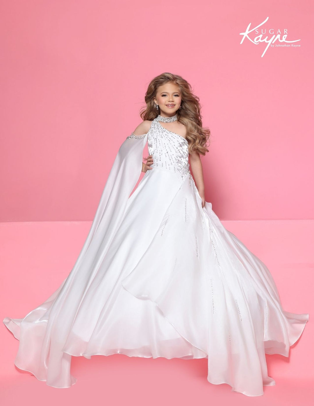 Sugar Kayne C425 cape sleeve girls pageant ball gown alternate color front view 3