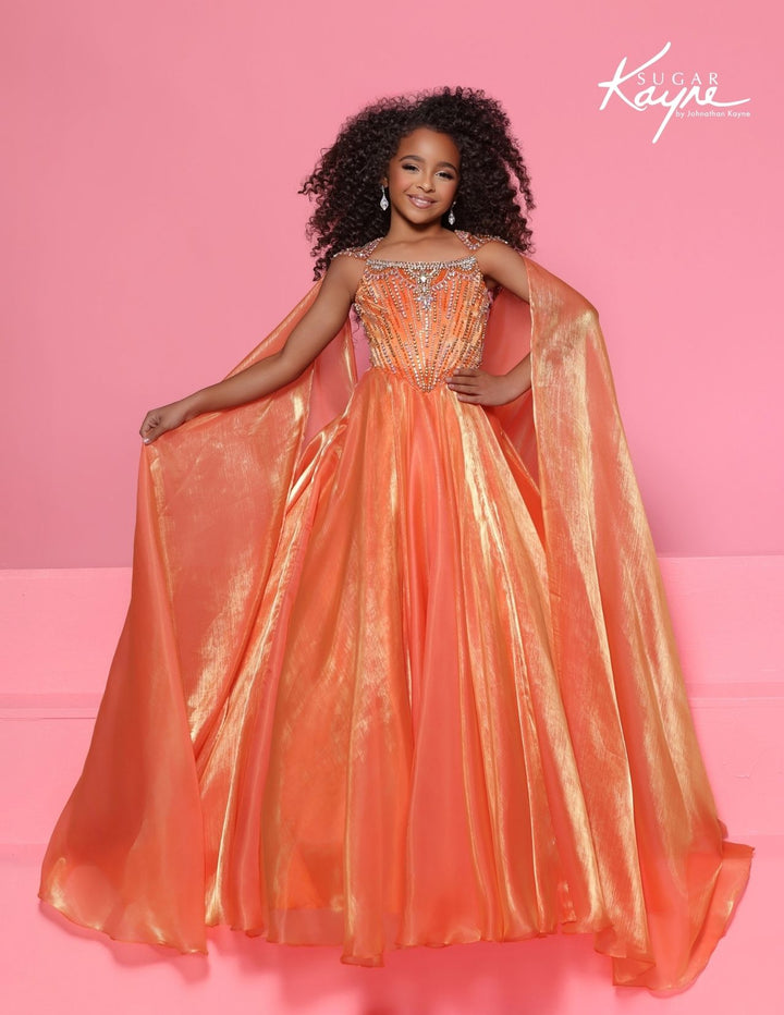 Sugar Kayne C428 square neck girls pageant ball gown with cape front view