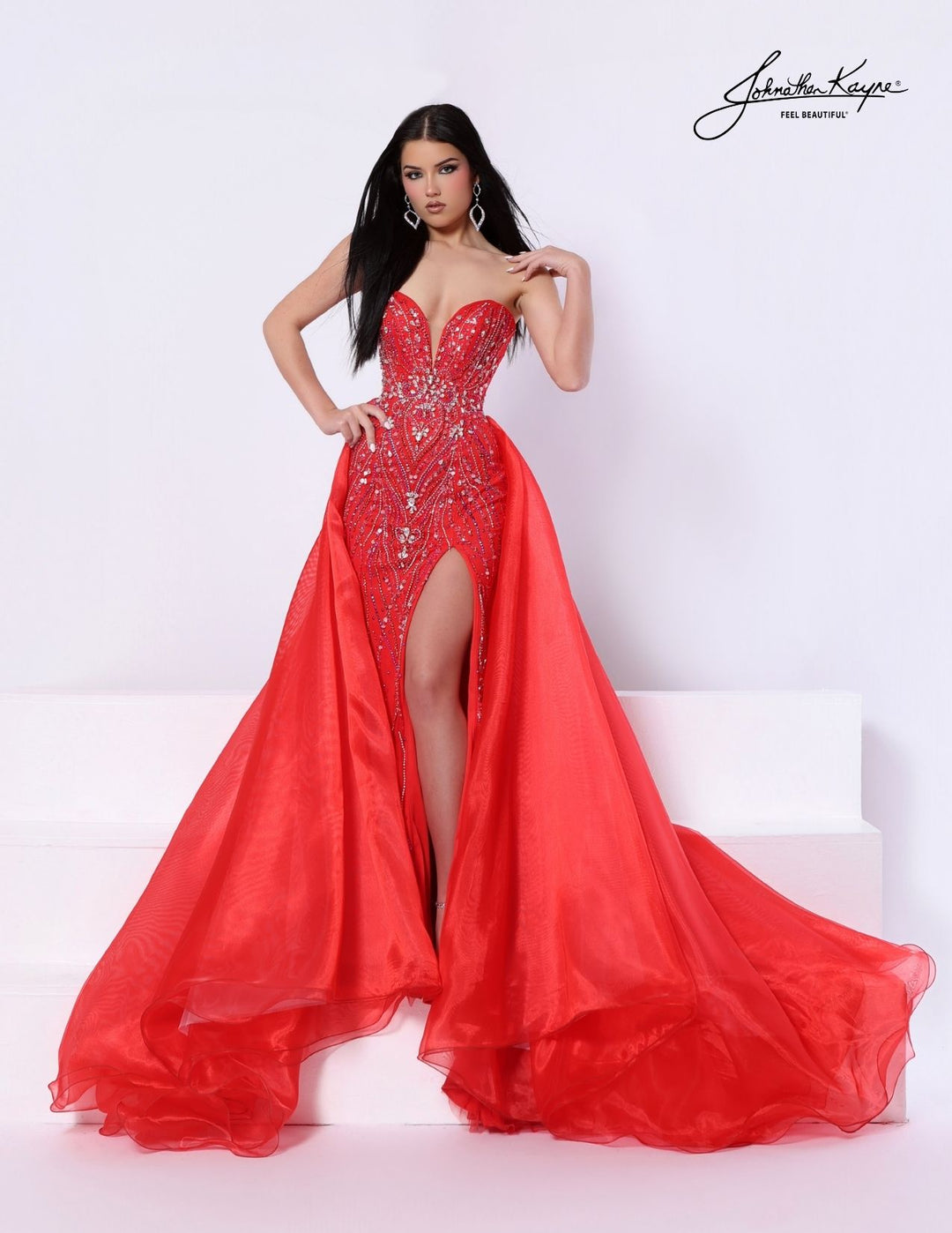 Johnathan Kayne 3322 strapless beaded pageant gown with overskirt alternate color front view 2