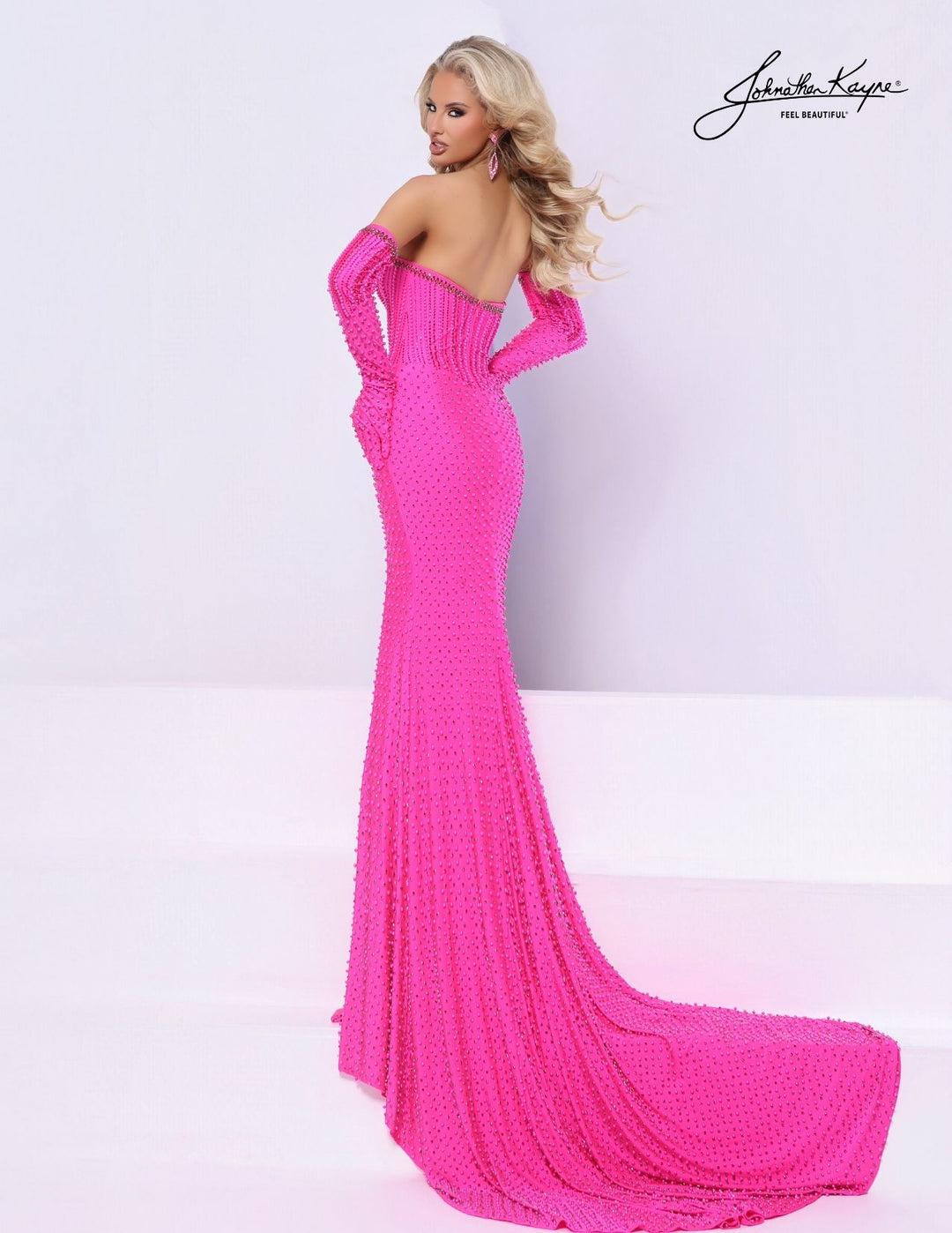 Johnathan Kayne 3326 plunging corset pageant gown with gloves back view