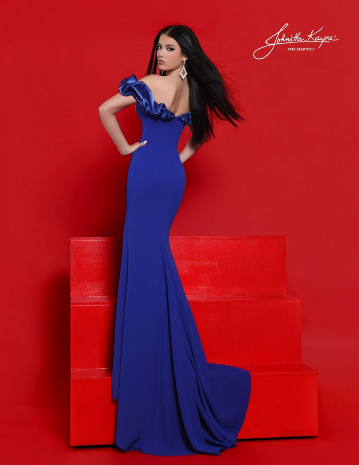 Johnathan Kayne 3334 off-the-shoulder ruffle evening gown back view