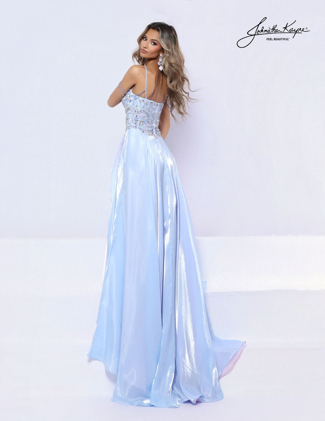 Johnathan Kayne 3357 V-neck beaded drape evening gown back view