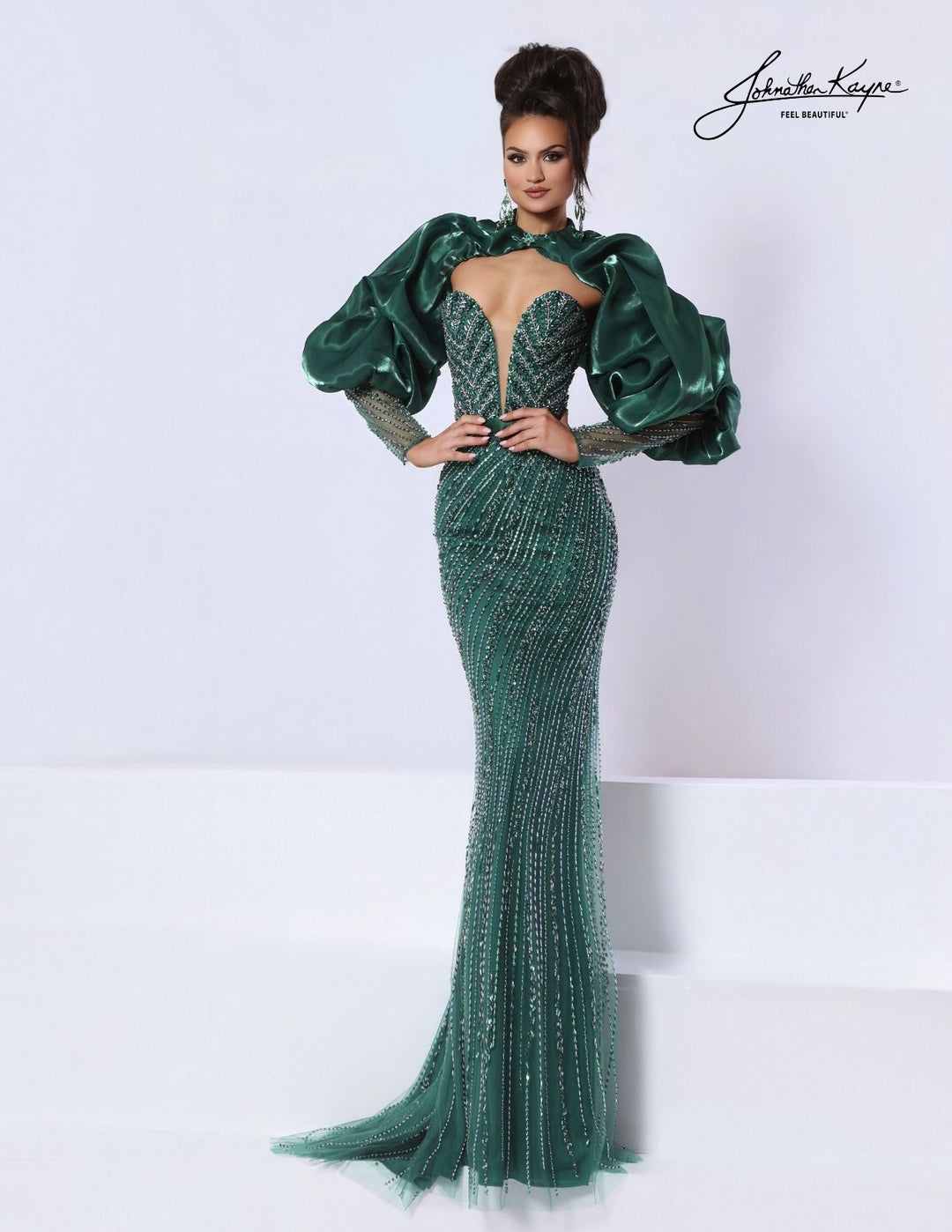 Johnathan Kayne 3378 beaded evening gown with detachable bolero front view