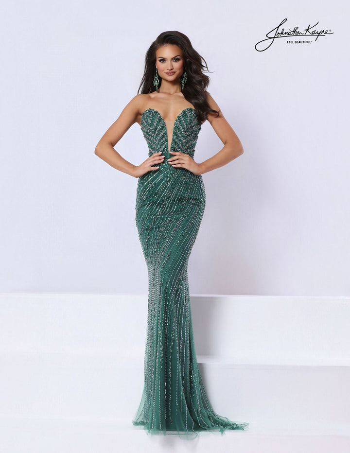 Johnathan Kayne 3378 beaded evening gown with detachable bolero without bolero front view