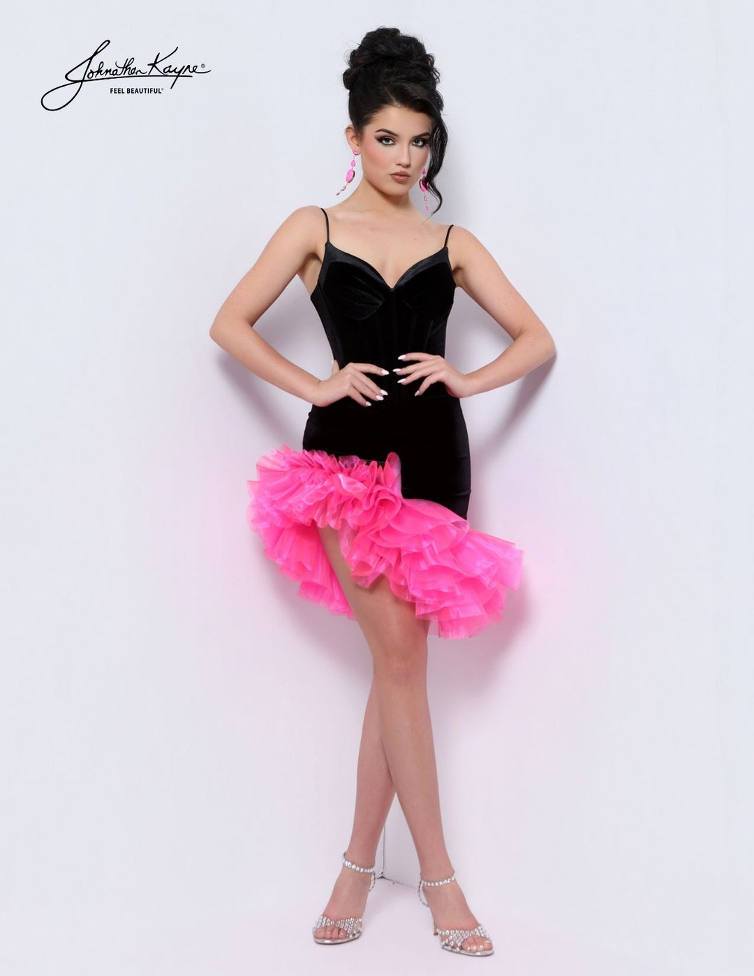 Johnathan Kayne 3304S sweetheart corset cocktail dress with ruffle hem front view, alternate color