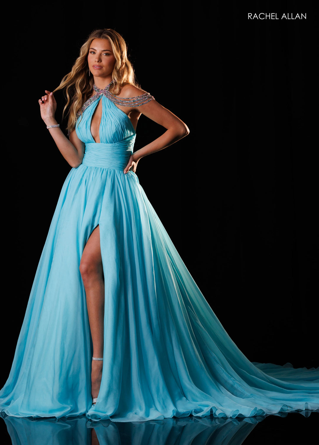Rachel Allan 50430 Beaded Halter Keyhole A-Line Pageant Dress - FOSTANI.com