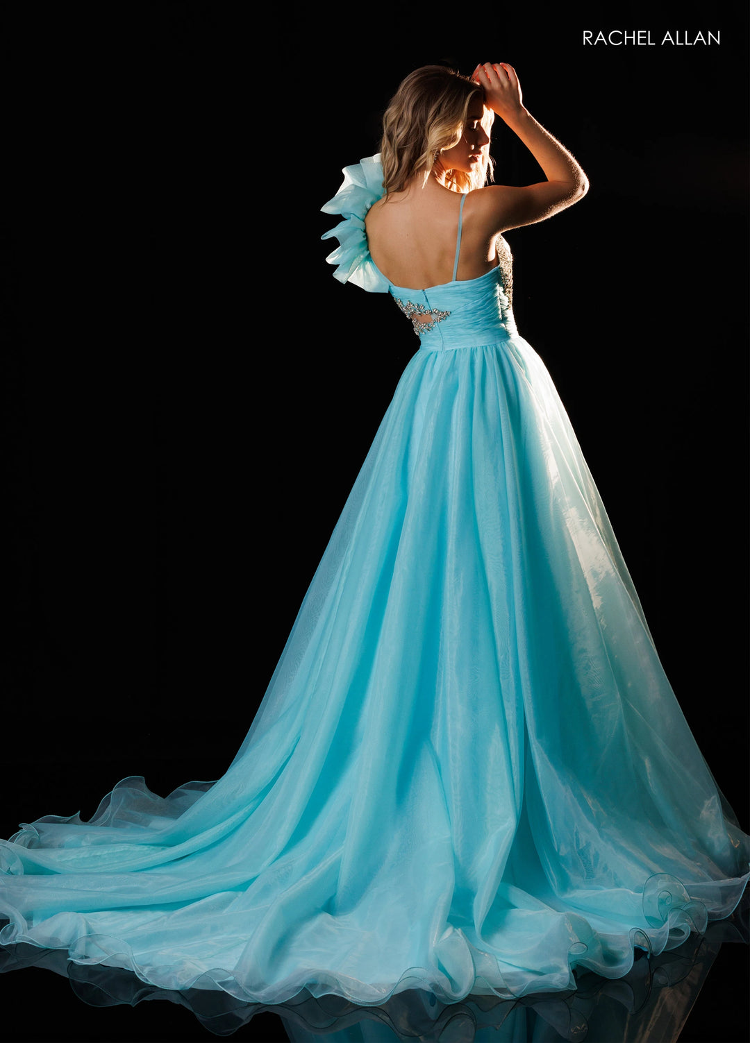 Rachel Allan 50437 Ruffled Shoulder A-Line Pageant Dress - FOSTANI.com