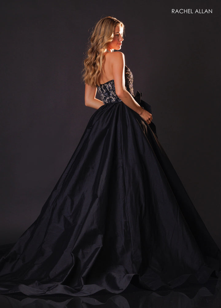 Rachel Allan 50447 Plunging Halter Ball Gown Pageant Dress with Bow - FOSTANI.com