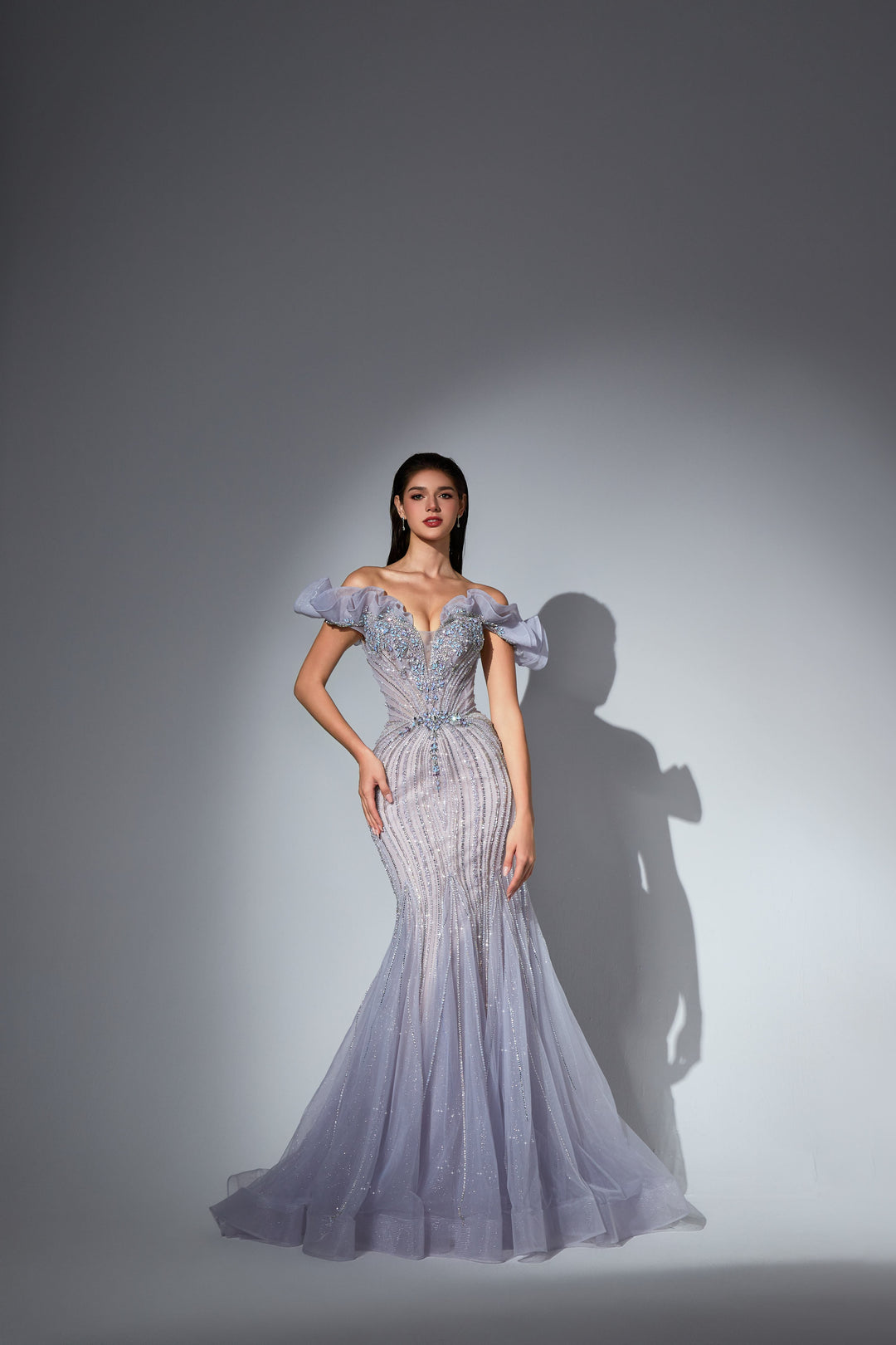 Delilah SH11602 Off-the-Shoulder Ruffle Plunging Corset Mermaid Gown - Lavender front view