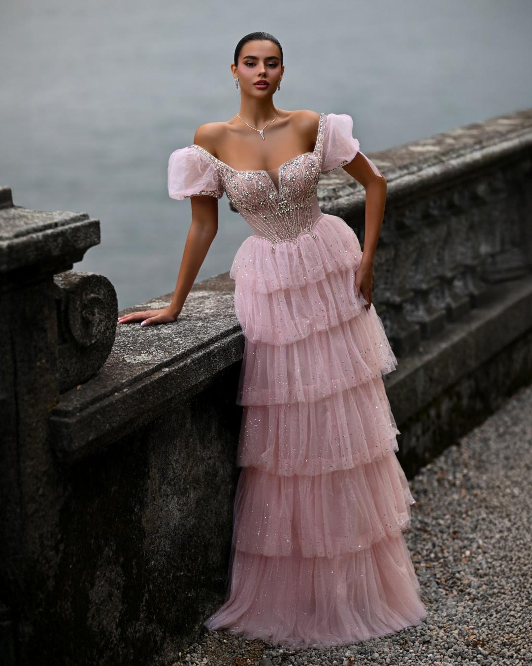 Delilah SH11607 Beaded Corset Gown with Puff Sleeves and Tiered Ruffle Skirt - Pink front view