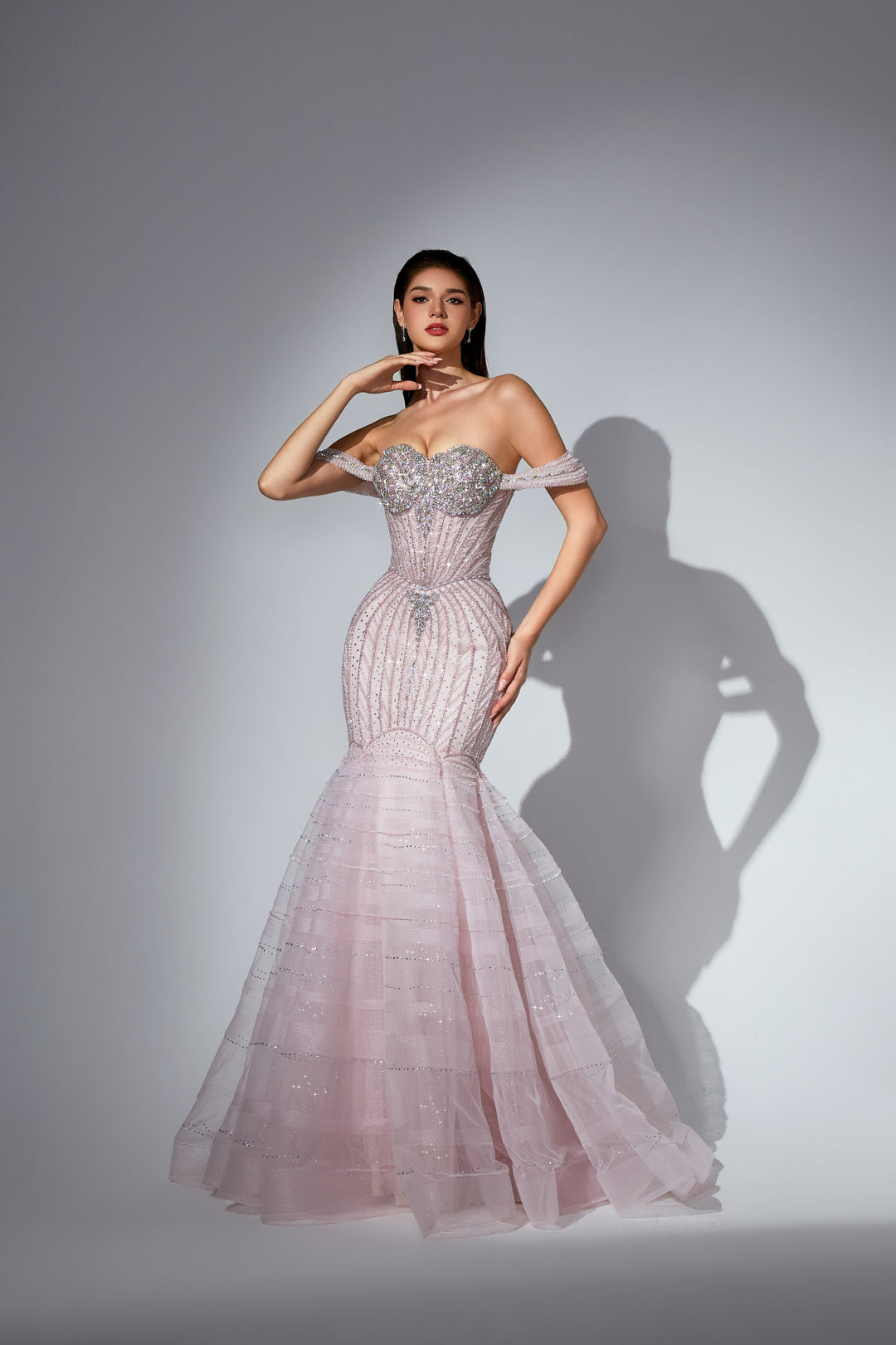Delilah SH12043 Off-the-Shoulder Crystal Cup Corset Mermaid Gown with Tiered Hem - Pink front view