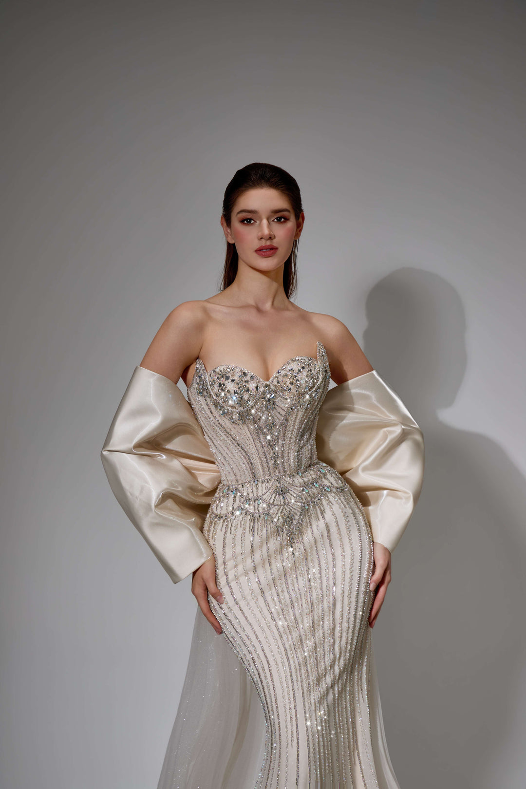 Delilah SH12053 Strapless Crystal Cup Corset Mermaid Gown with Statement Back Bow and Overskirt - White close-up view