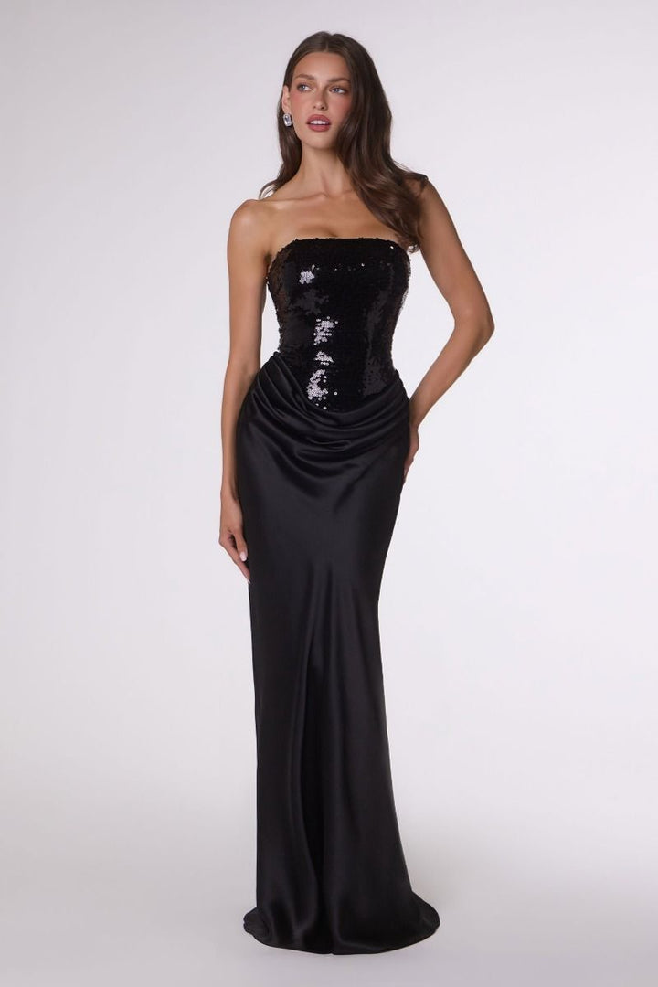 Amoris T744 Strapless Sequin Corset Mermaid Dress with Draped Waist and Lace-Up Back