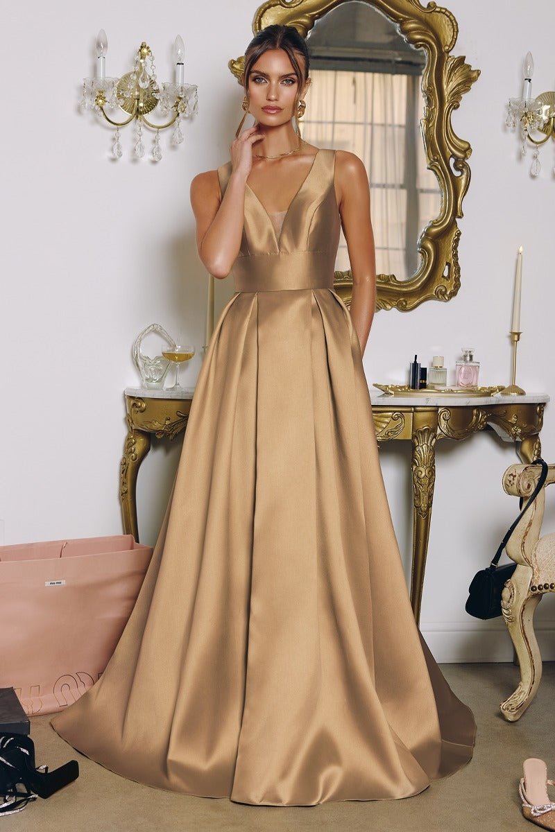 Amoris T814 A-line prom dress front view, indoor setting