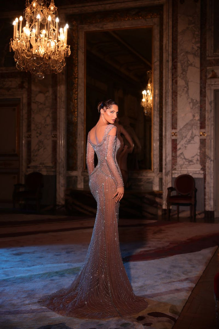 Chic & Holland HF110608 Cold Shoulder Sweetheart Neck Patterned Beaded Illusion Sheath Couture Dress