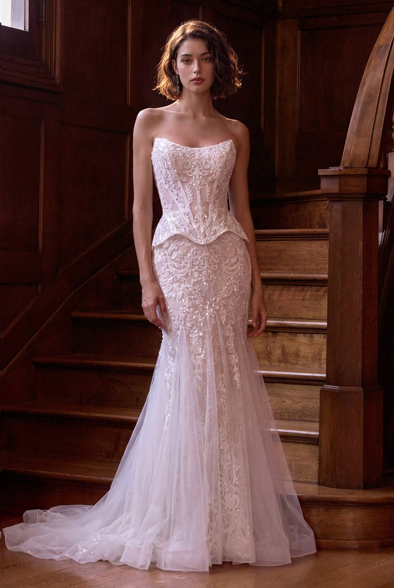 Andrea & Leo Couture WL091 off white beaded lace fit and flare bridal gown, front view
