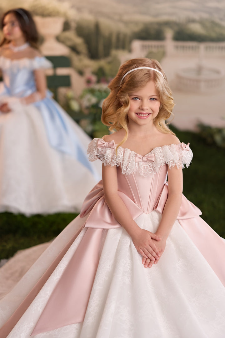 Pentelei 3905 Ruffled Lace Corset Bow Two Tone Kids Ball Gown
