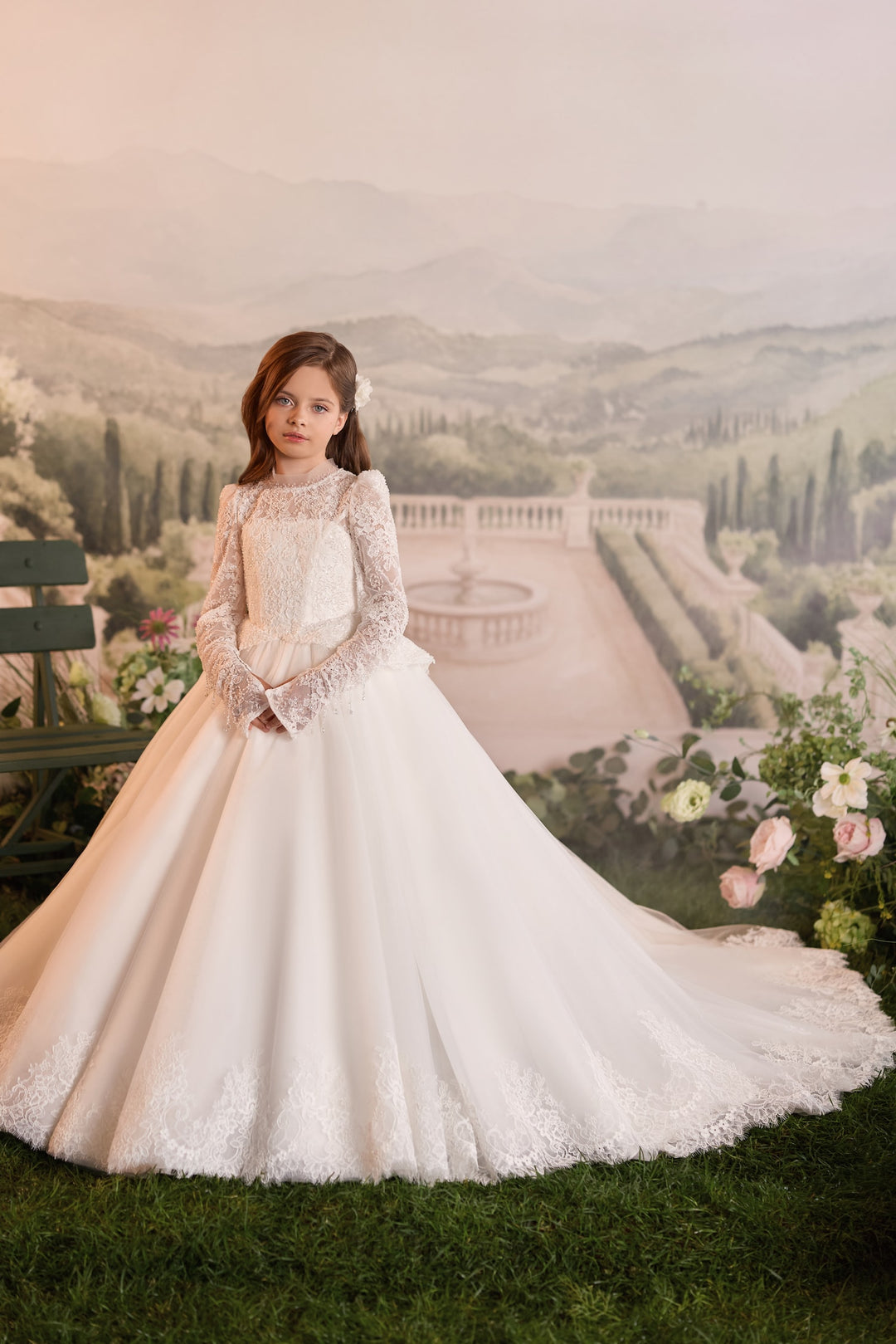 Pentelei 3915 Beaded Lace Tassel Sleeve Kids Ball Gown