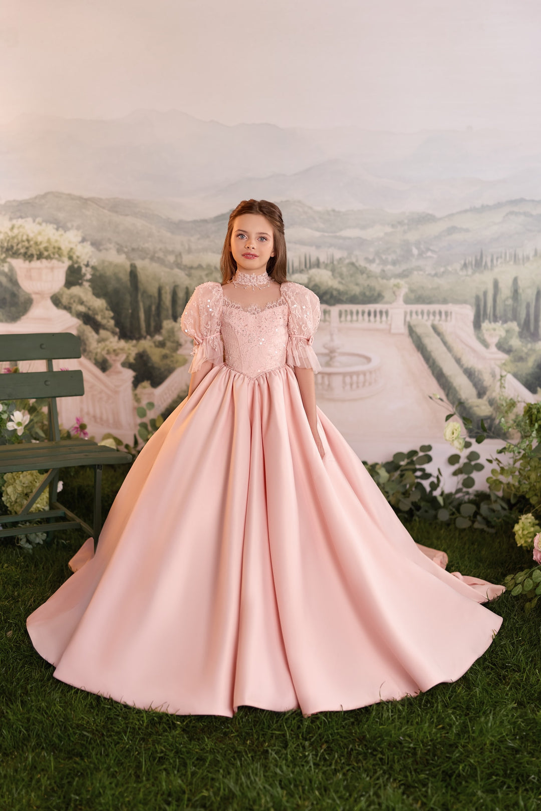 Pentelei 3921 Lace Puff-Sleeve Sequin Bodice Dress