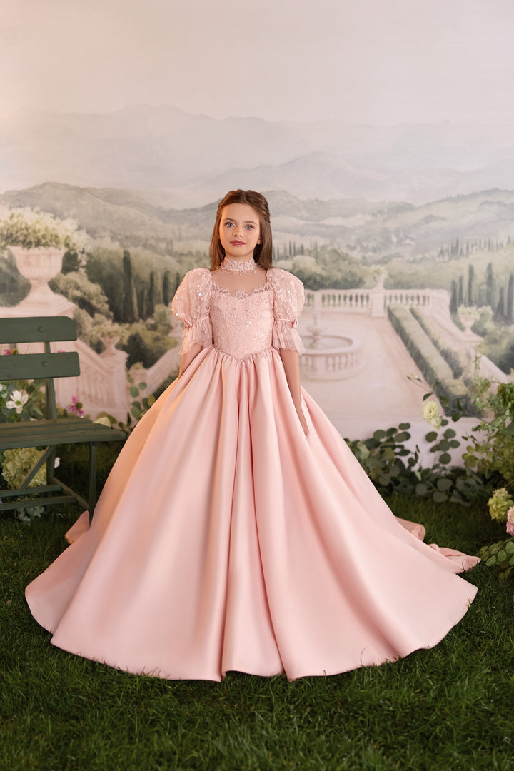 Pentelei 3921 Lace Puff-Sleeve Sequin Bodice Dress