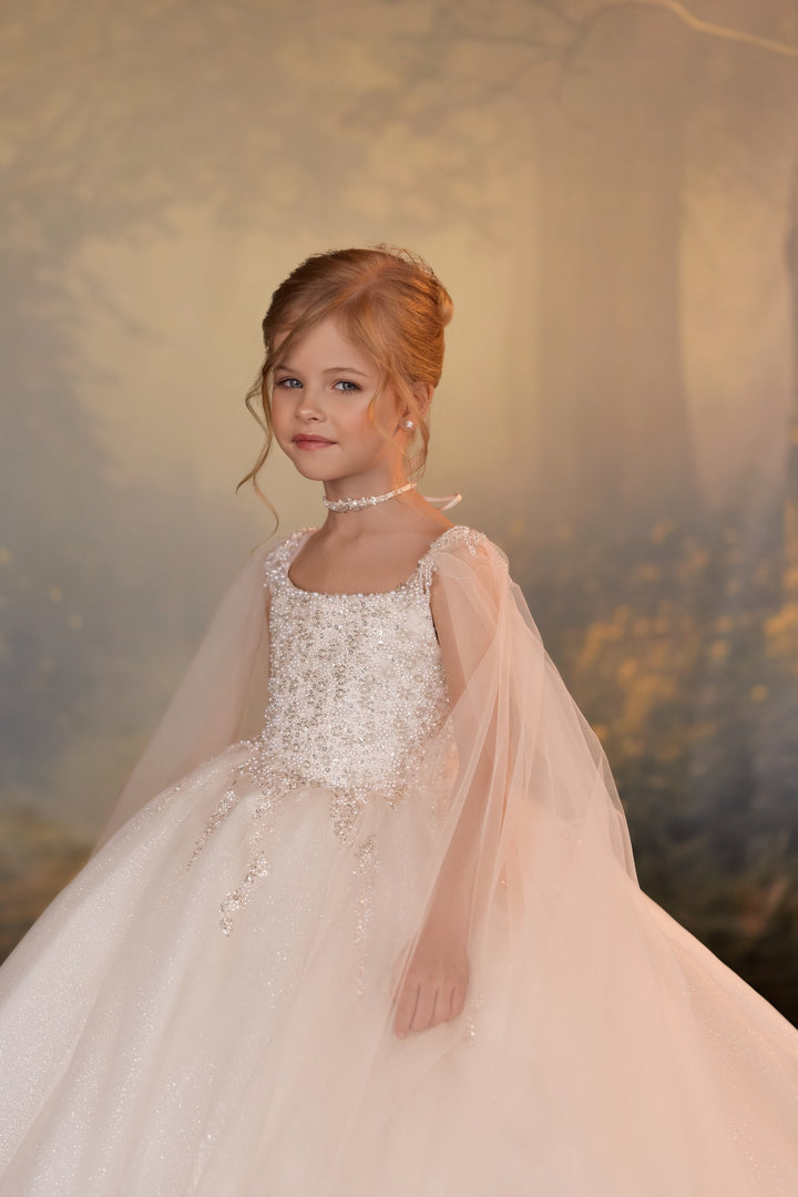 Pentelei 3925 Sequin Beaded Cape Kids Ball Gown