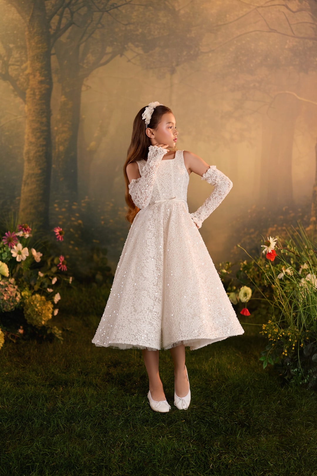 Pentelei 3930 Sequin Lace Tea-Length Dress with Optional Cape Kids Dress