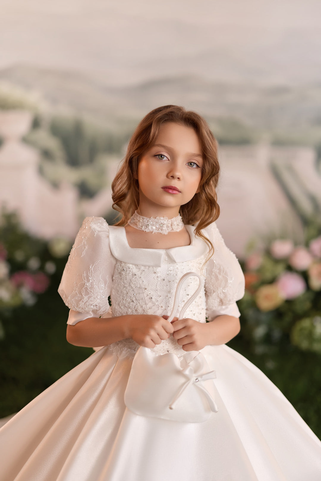 Pentelei 3935 Lace Puff Sleeve Satin Ball Gown Kids Dress