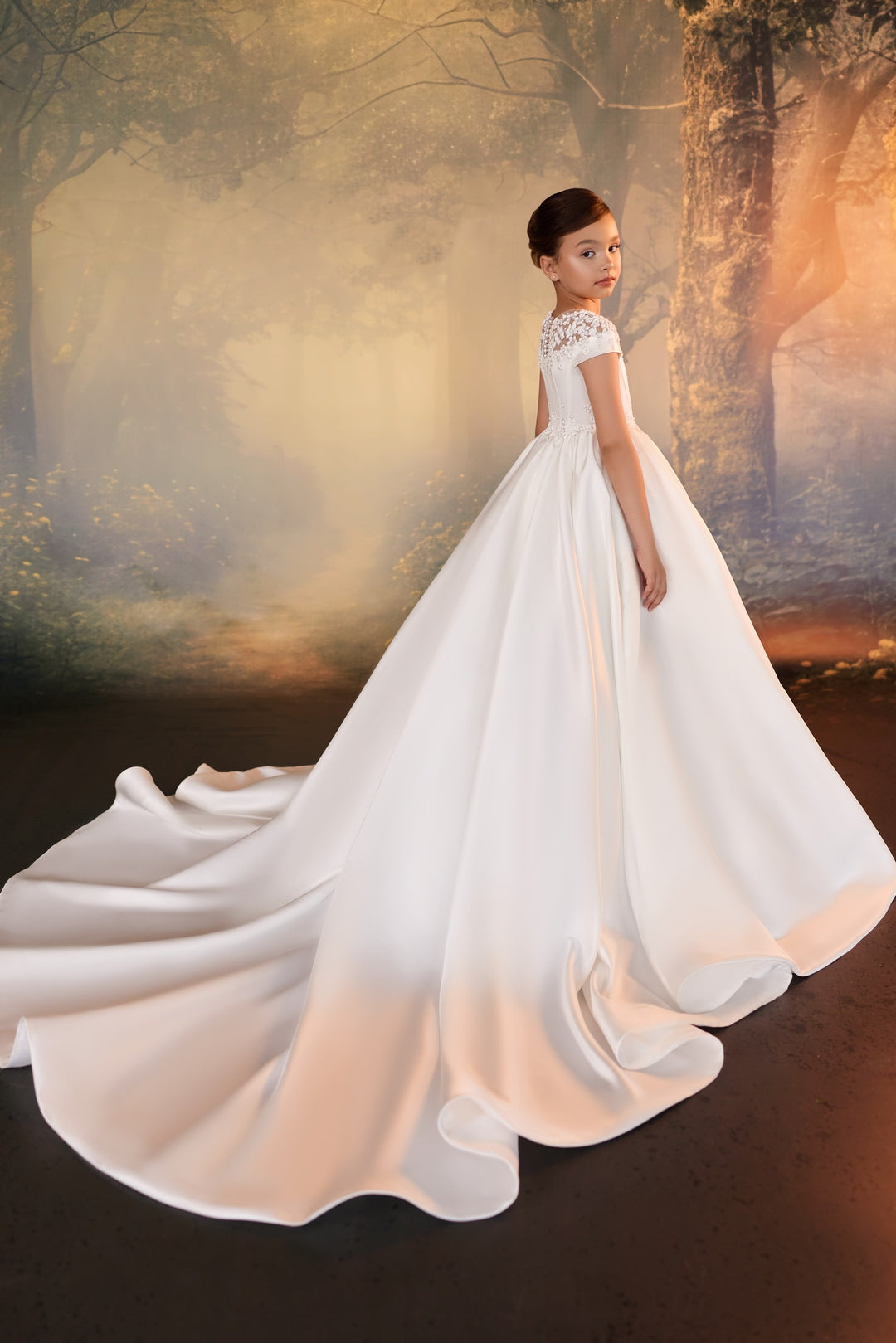 Pentelei 3942 Pearl Beaded Ball Gown with Optional Lace Cathedral Cape & Gloves Kids Dress