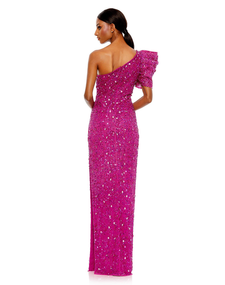 Embellished Puff One Shoulder Column Gown - FOSTANI