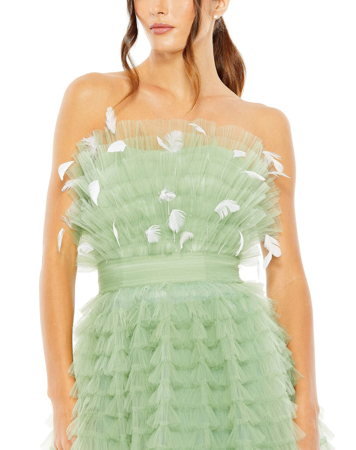 Strapless Ruffle Gown with Feathers - FOSTANI