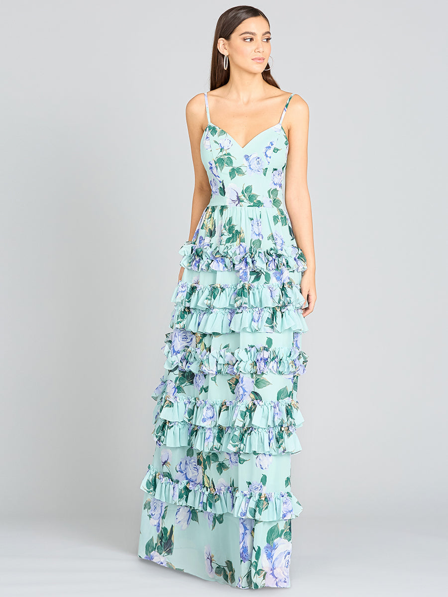 Lara 29242 - Ruffle Skirt Printed Gown with Spaghetti Straps - FOSTANI